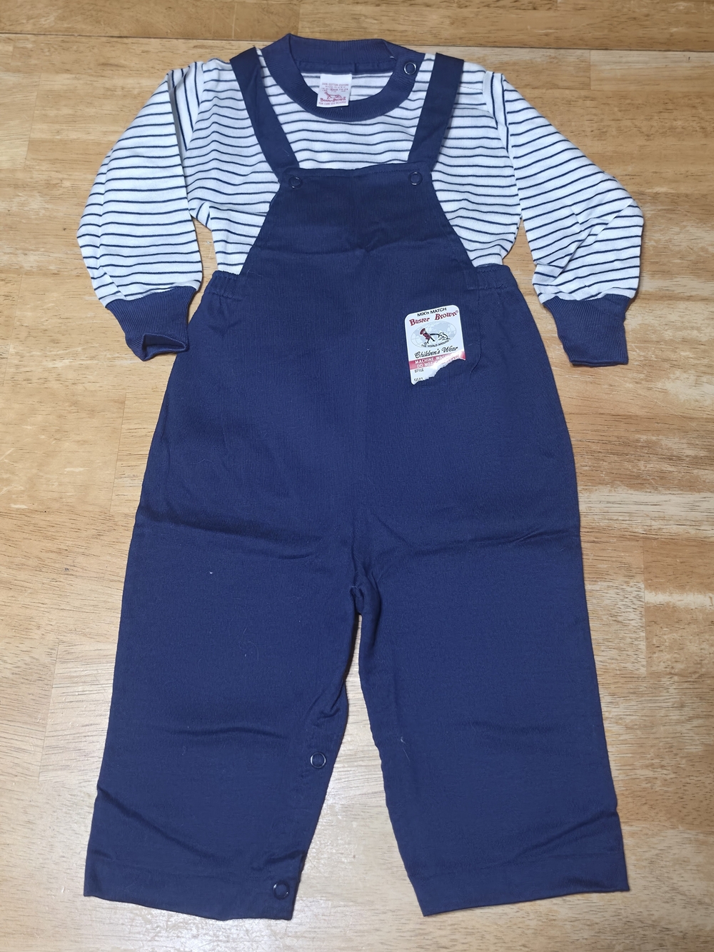 NWT Vintage 2pc Baby Boy 12mo Buster Brown Navy Overalls with Striped Tee